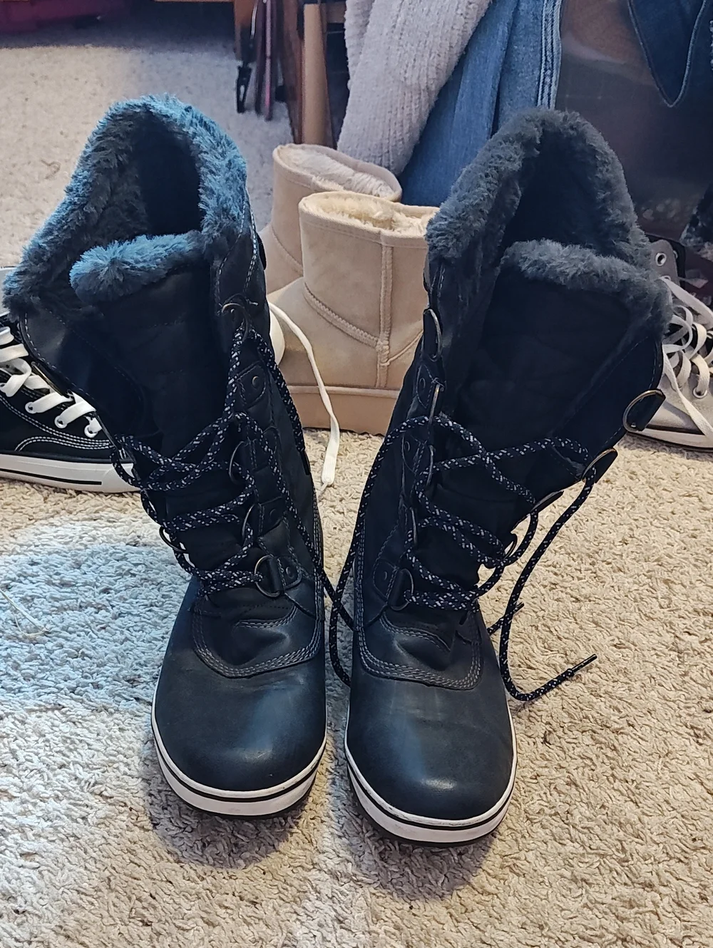 Women's Navy Blue Faux-Fur Winter Lace-Up Boots